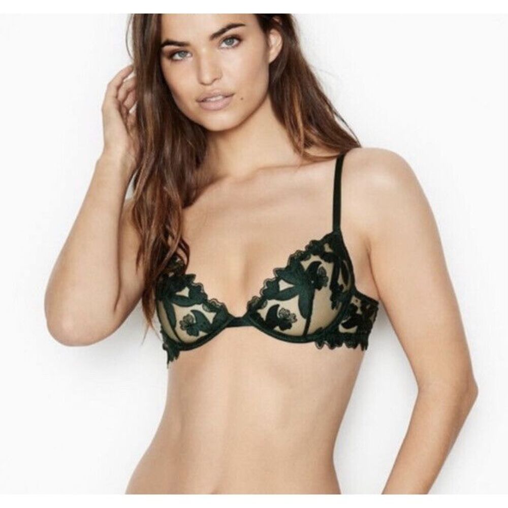 Victoria's Secret Unlined Demi Bra Sz 34C - Emerald Green Mesh Embroidered